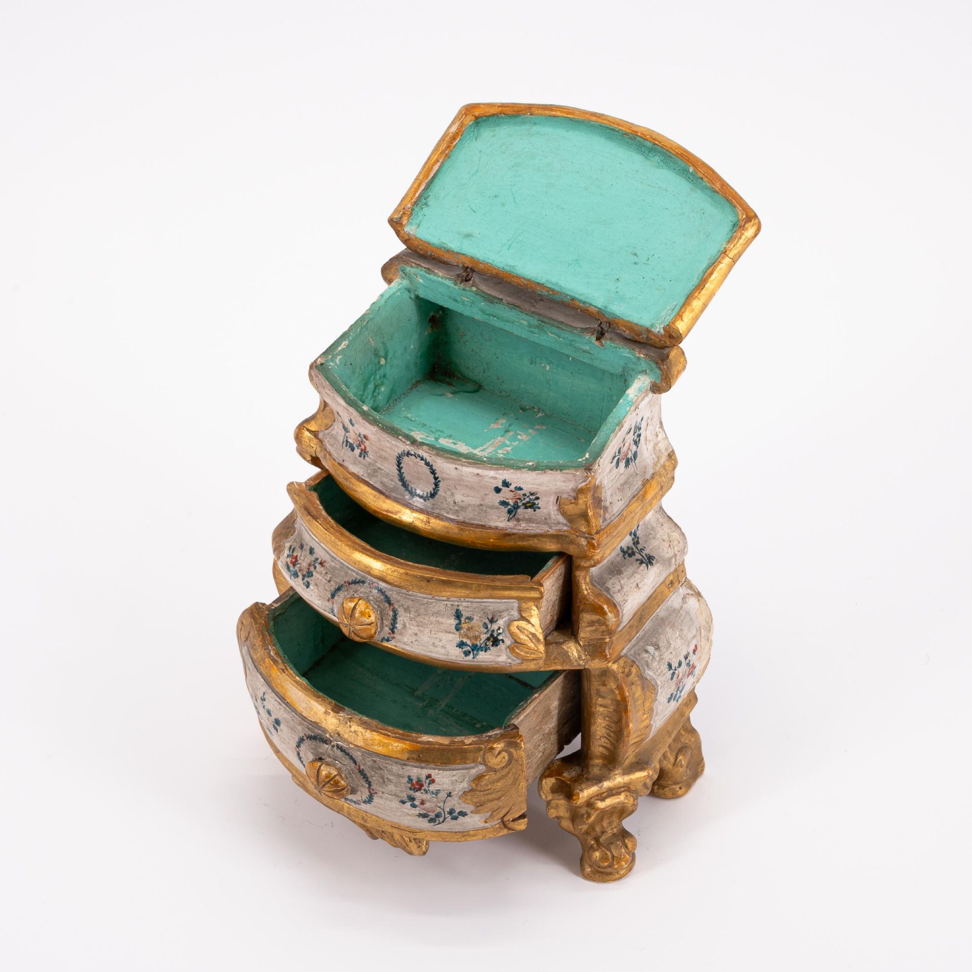 POLYCHROMED WOODEN MINIATURE ROCOCO CHEST OF DRAWERS - Image 3 of 7