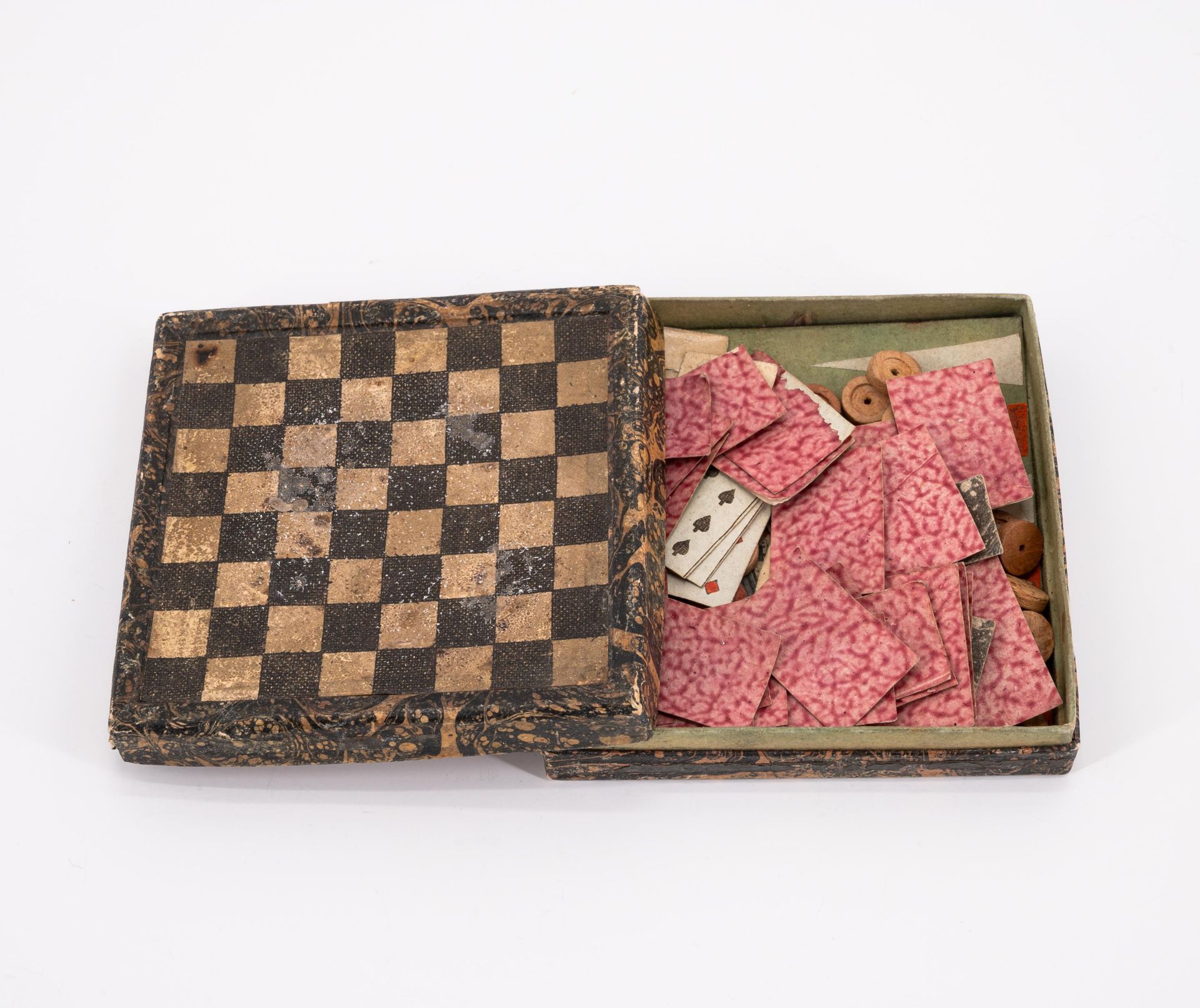 Germany: MINIATURE WOODEN GAME BOX, SET OF GLASS MARBLES AND PLAYING CARD BOX - Image 5 of 5