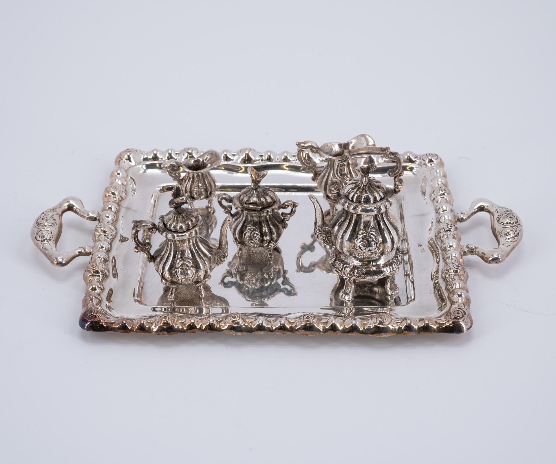 SILVER MINIATURE SERVICE, SIX MINIATURE PLATES AND TWICE SIX GOBLETS ON TRAY - Image 9 of 9