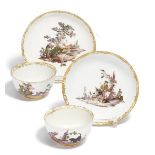 Meissen: TWO PORCELAIN CUPS AND SAUCERS WITH FINE HUNTING DECORS