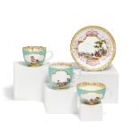 Meissen: PORCELAIN CUP WITH SAUCER AND TWO PORCELAIN CUPS WITH TURQUOISE GROUND AND LANDSCAPE CARTOU