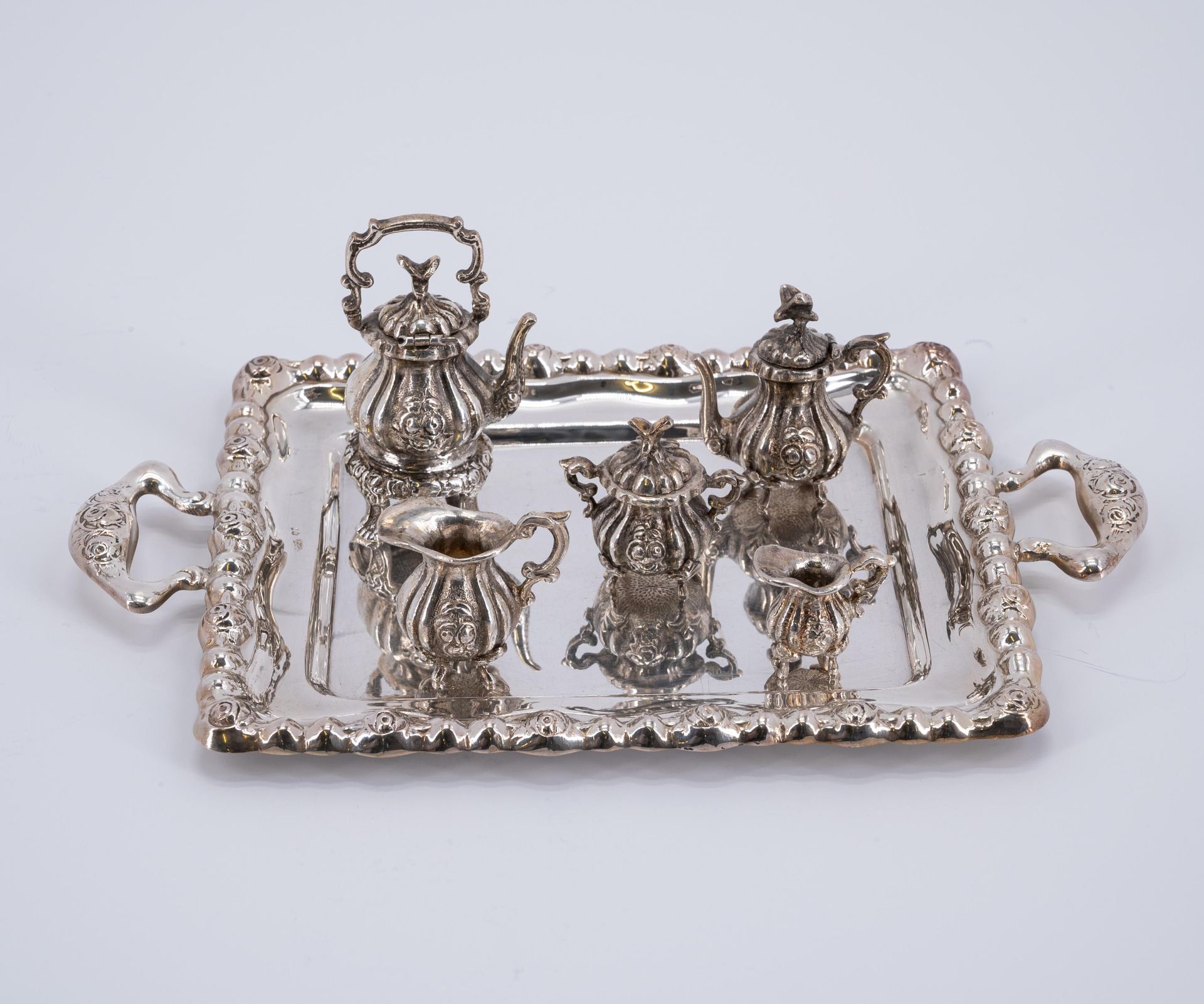 SILVER MINIATURE SERVICE, SIX MINIATURE PLATES AND TWICE SIX GOBLETS ON TRAY - Image 8 of 9