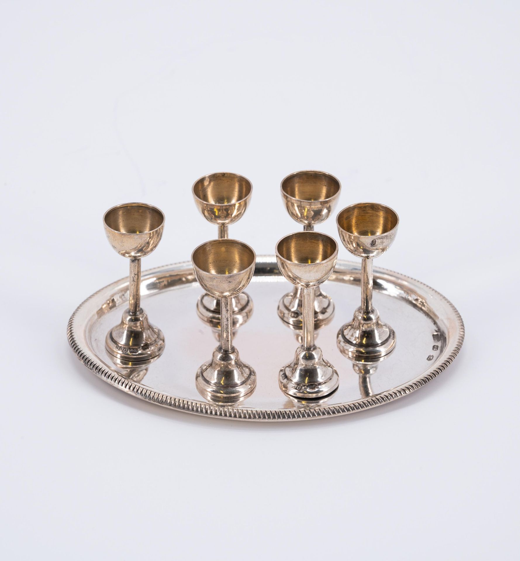 SILVER MINIATURE SERVICE, SIX MINIATURE PLATES AND TWICE SIX GOBLETS ON TRAY - Image 7 of 9