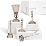 PAIR OF SILVER MINIATURE CANDLESTICKS, SILVER MINIATURE COAL SHOVEL AND WAFFLE IRON, SILVER MINIATUR