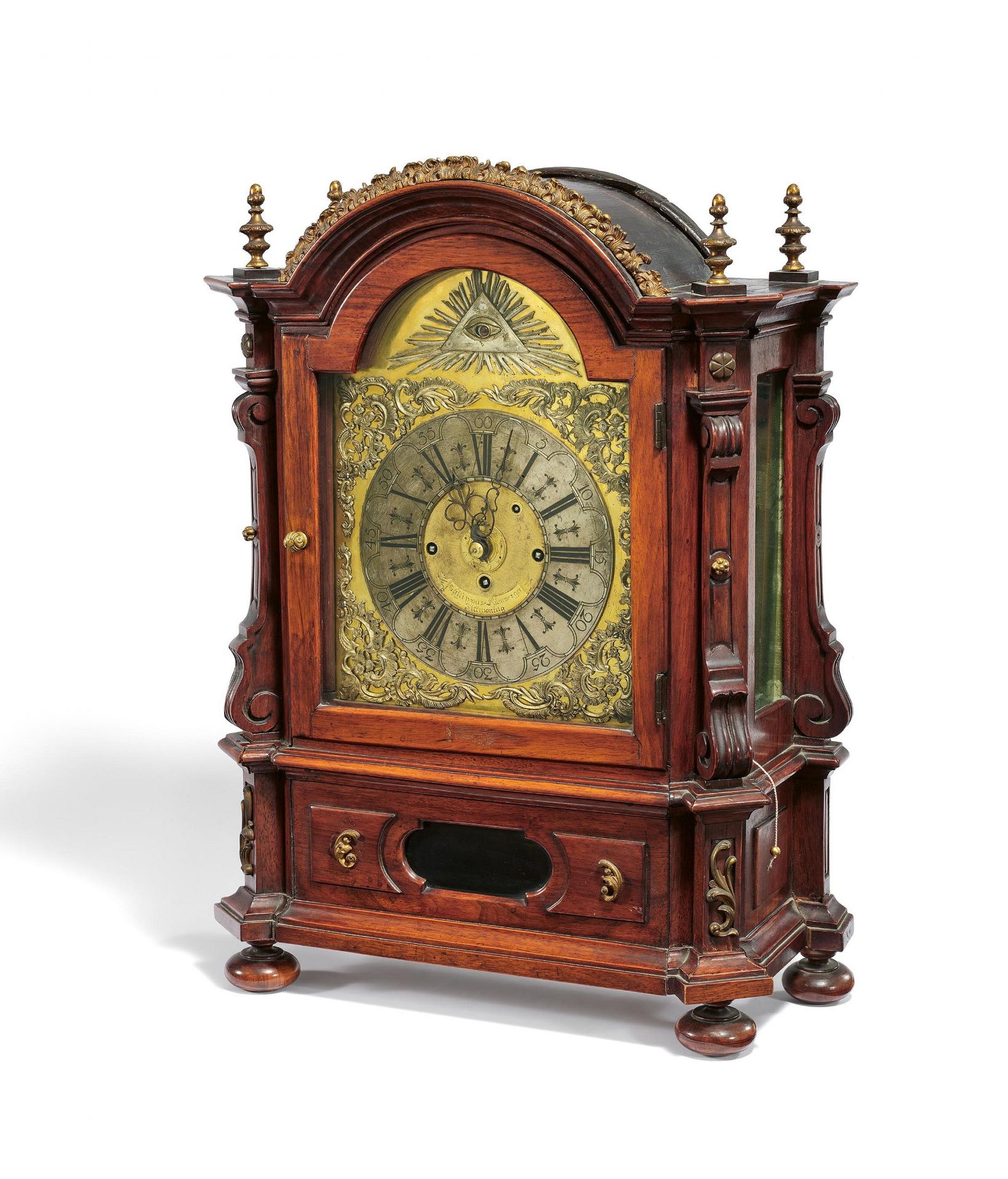 Philipp Kumperger: BRACKET CLOCK WITH MOVING EYE OF GOD MADE OF MAHOGANY, BRONZE, BRASS AND GLASS