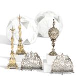 SILVER MINIATURES OF A PAIR OF ALTAR CANDELSTICKS, A PINEAPPLE GOBLET AND A PAIR OF CHANUKKA CANDLES