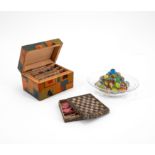 Germany: MINIATURE WOODEN GAME BOX, SET OF GLASS MARBLES AND PLAYING CARD BOX