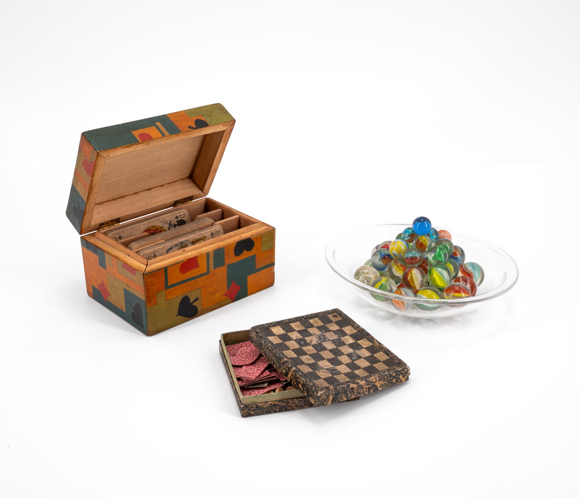 Germany: MINIATURE WOODEN GAME BOX, SET OF GLASS MARBLES AND PLAYING CARD BOX