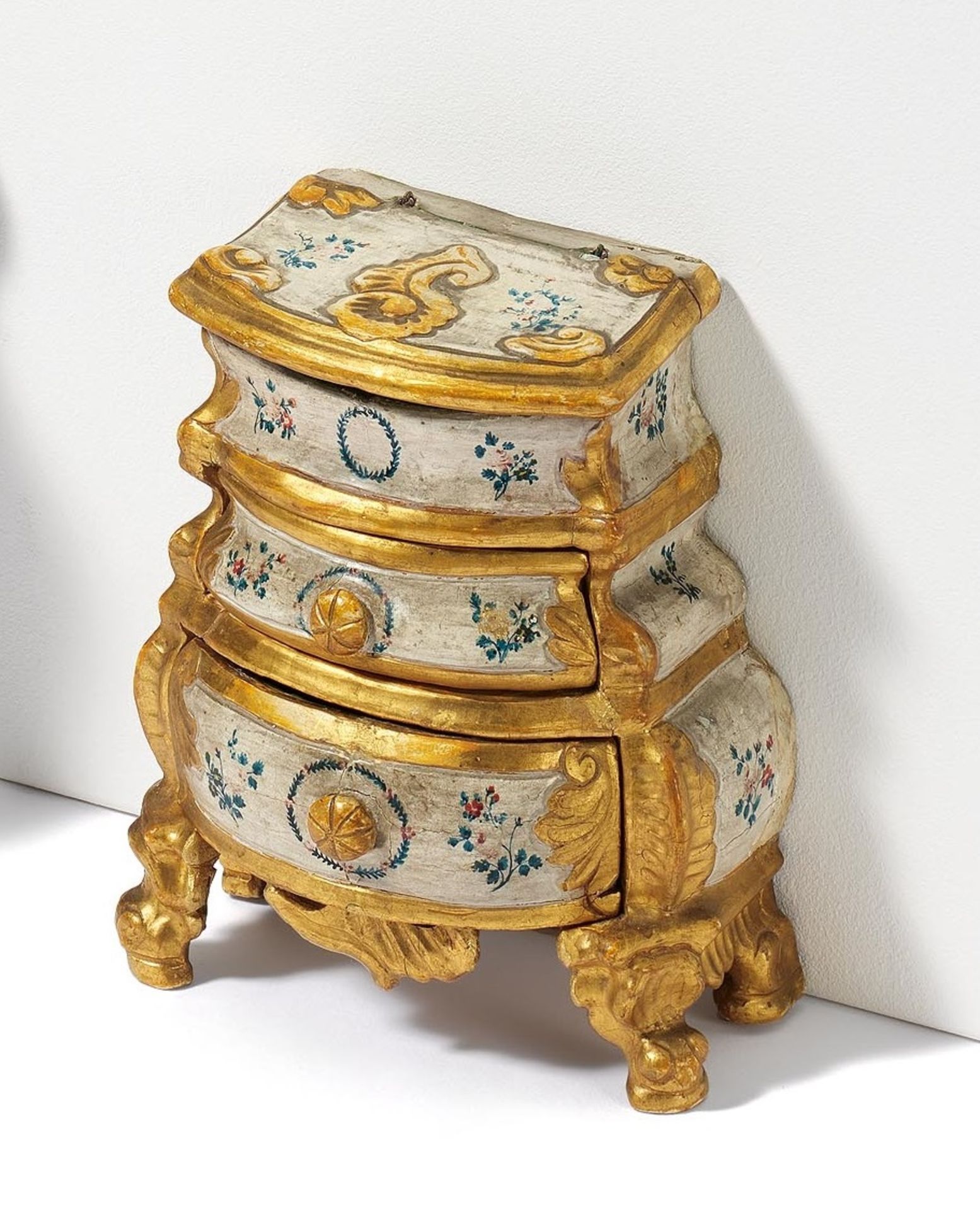 POLYCHROMED WOODEN MINIATURE ROCOCO CHEST OF DRAWERS