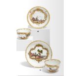 Meissen: TWO PORCELAIN CUPS AND SAUCERS WITH LANDSCAPE CARTOUCHES