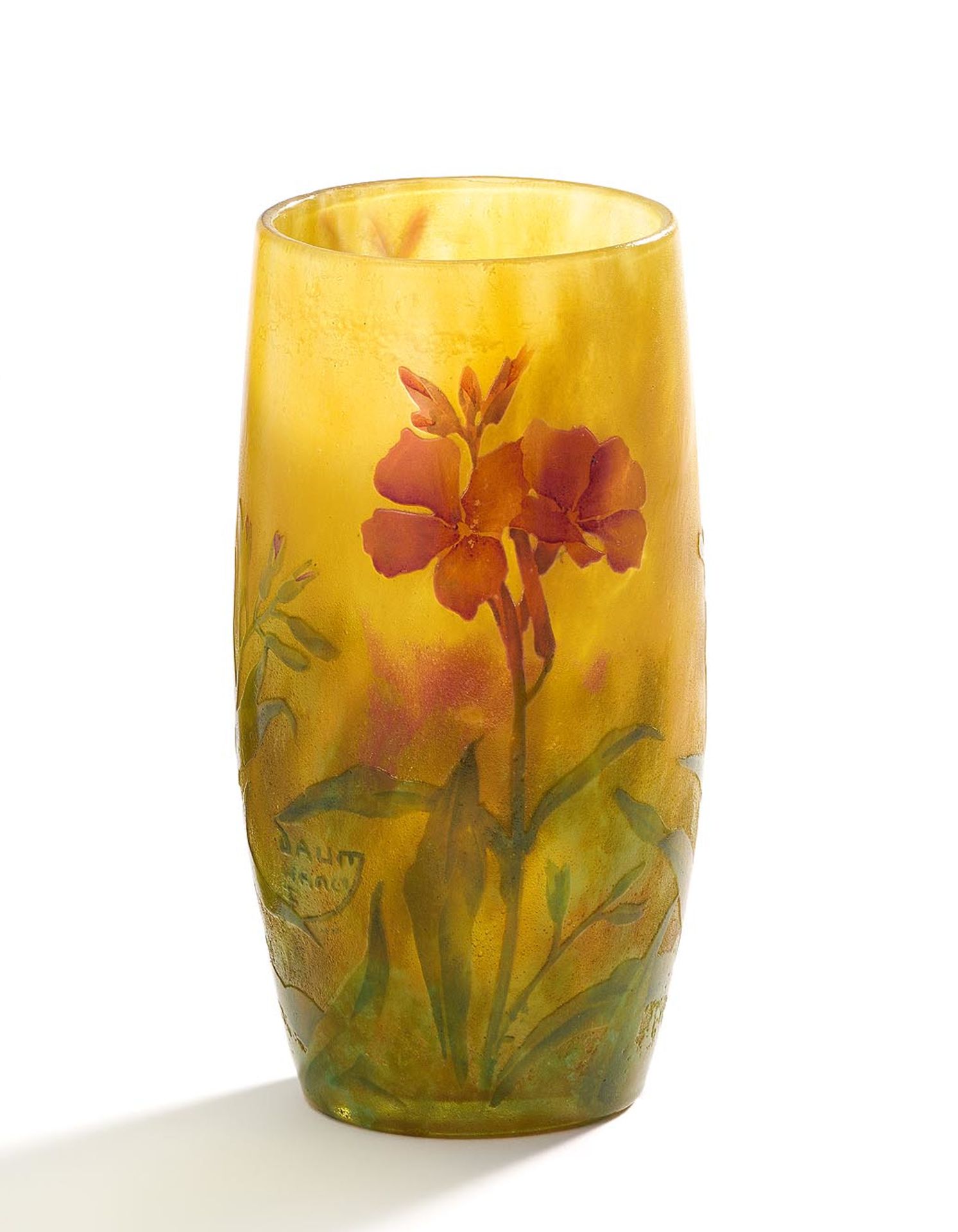 Daum Frères: SMALL GLASS VASE WITH FLOWER DECOR