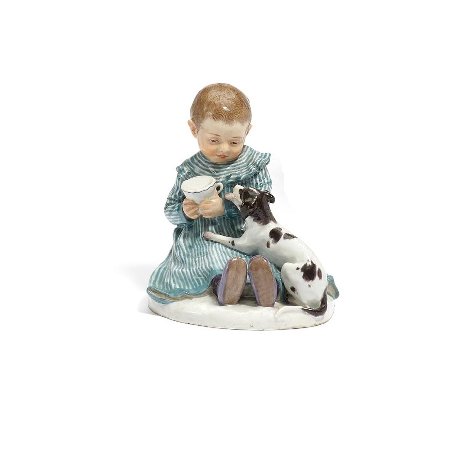 Meissen: PORCELAIN FIGURINE OF A SMALL CHILD WITH CUP AND SMALL DOG