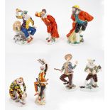 Meissen: FOUR LARGE AND THREE SMALL PORCELAIN FIGURINES FROM THE COMMEDIA DELL'ARTE