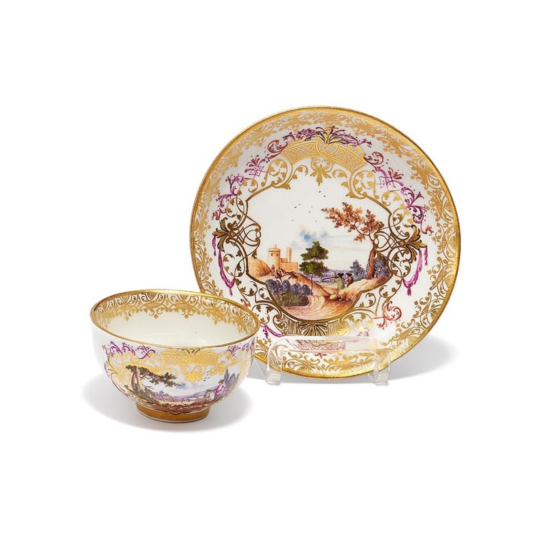 Meissen: CUP AND SAUCER WITH LARGE GOLD CARTOUCHES AND HUNTING SCENES