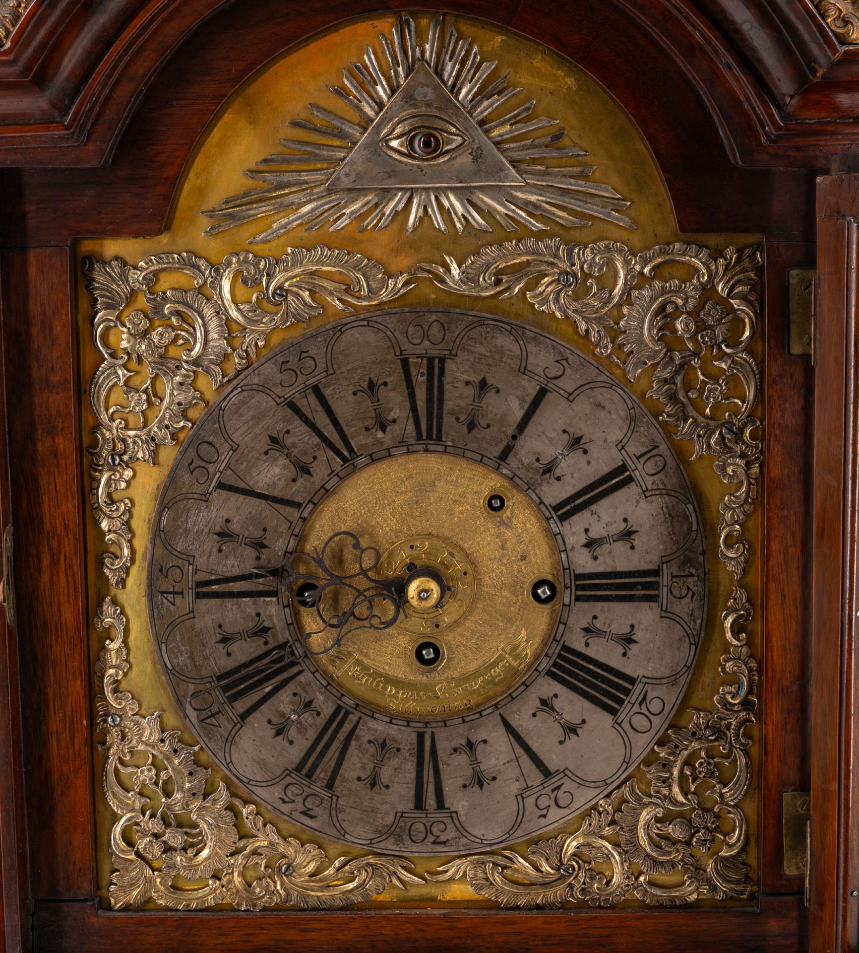 Philipp Kumperger: BRACKET CLOCK WITH MOVING EYE OF GOD MADE OF MAHOGANY, BRONZE, BRASS AND GLASS - Image 5 of 6