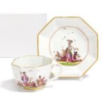 Meissen: OCTAGONAL PORCELAIN CUP AND SAUCER WITH CHINOISERIES