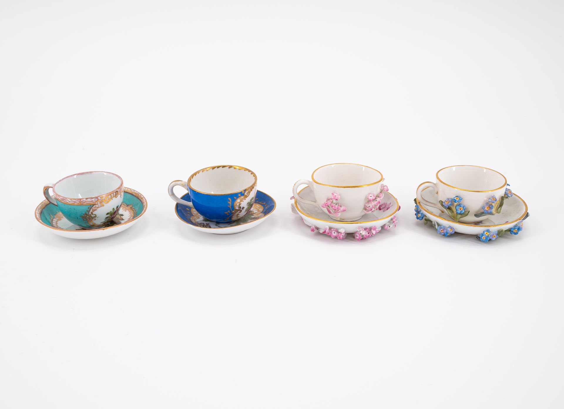 ENSEMBLE OF FIVE PORCELAIN MINIATURE CUPS AND SAUCERS WITH APPLIED FLOWERS - Image 2 of 6