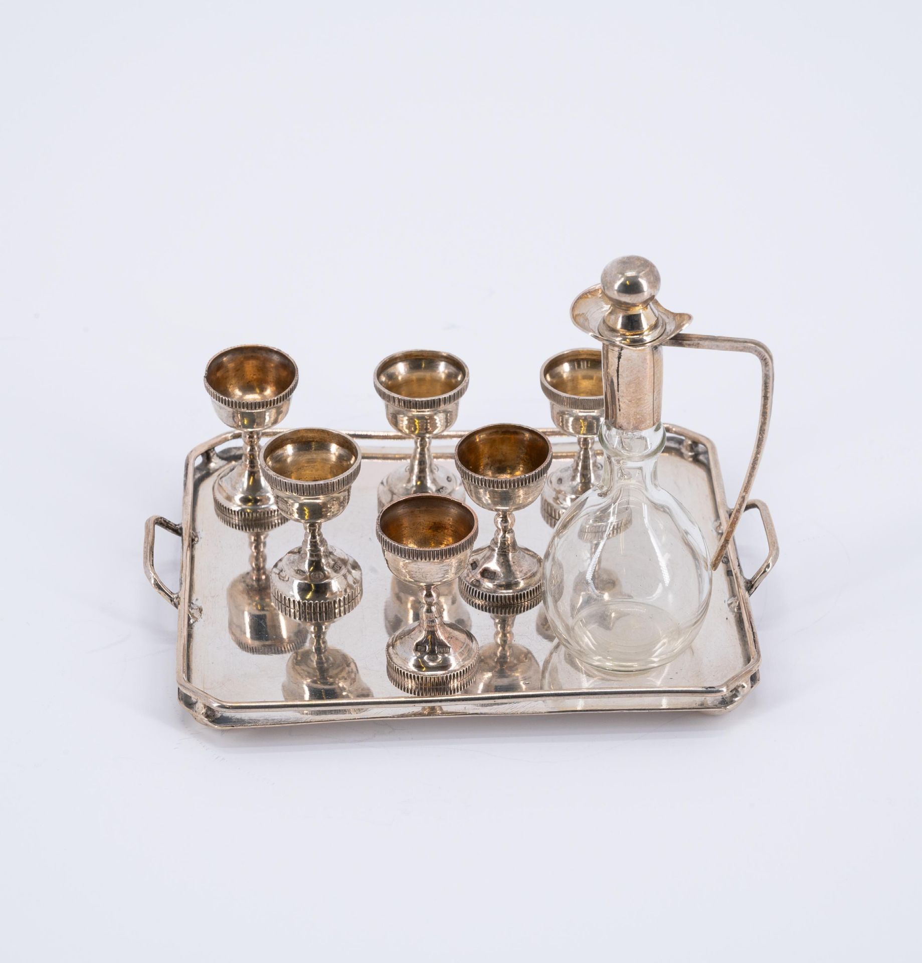 SILVER MINIATURE SERVICE, SIX MINIATURE PLATES AND TWICE SIX GOBLETS ON TRAY - Image 5 of 9