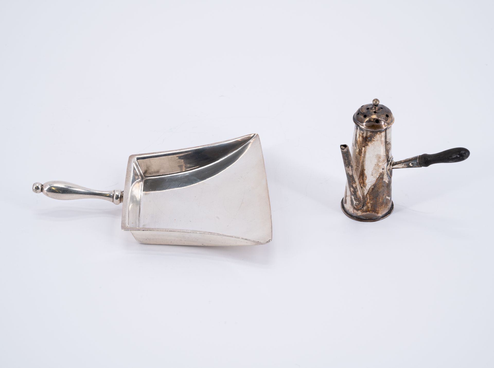 TWO SILVER MINIATURE SERVICES, SILVER MINIATURE CHOCOLADE POT, SILVER MINIATURE DUSTPAN - Image 2 of 7