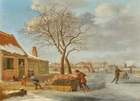 Johannes Janson: Holländische Winterlandschaft mit Personen auf dem Eis