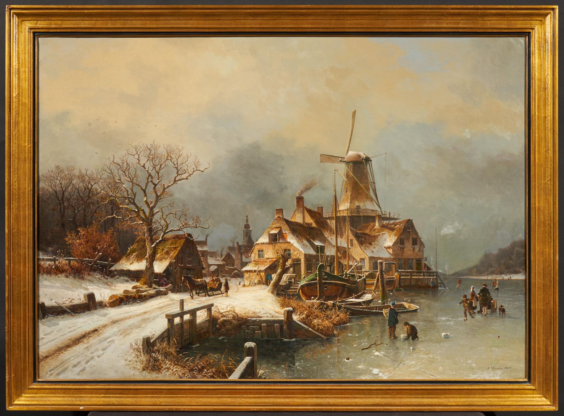 Johannes Bartholomäus Duntze: Dutch Village on the Frozen River - Image 2 of 4
