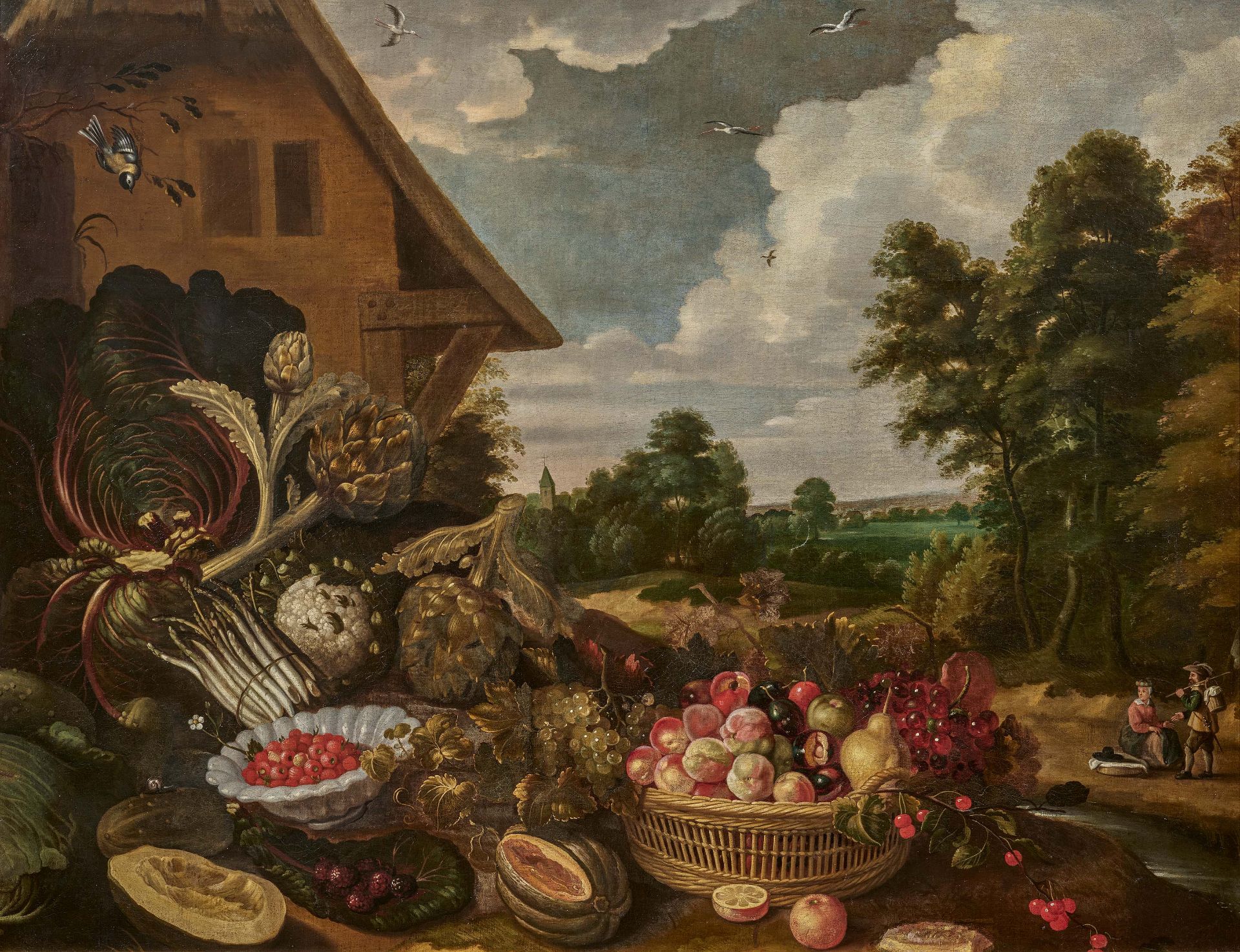 Gommaert van der Gracht: Large Still Life with Fruits and Vegetables in Front of a Farmhouse