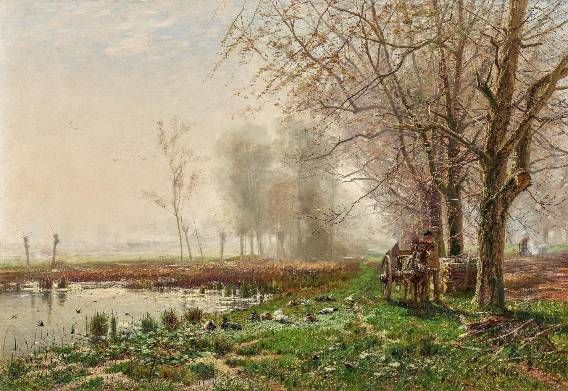 Hugo Mühlig: Brushwood Collector with Dokey Cart on a Riverside Path
