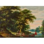 Antwerp School: Forest Landscape with Distinguished Company at the Ferry Boat