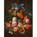 Cornelis de Heem: Stillleben mit Orangen, Rosen und Blumen auf einem Steinvorsprung mit Beeren in ei