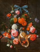 Cornelis de Heem: Stillleben mit Orangen, Rosen und Blumen auf einem Steinvorsprung mit Beeren in ei