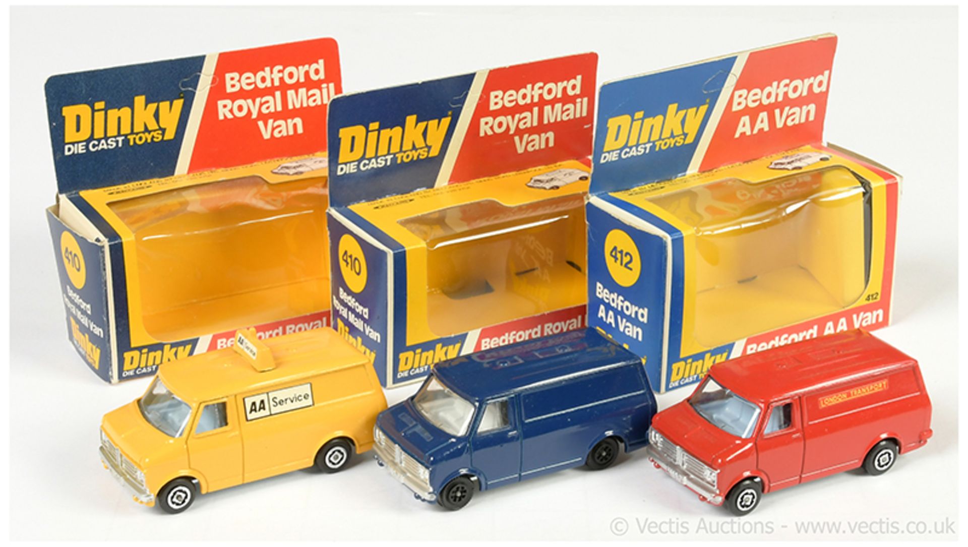 GRP inc Dinky 410 / 412 Bedford Vans three