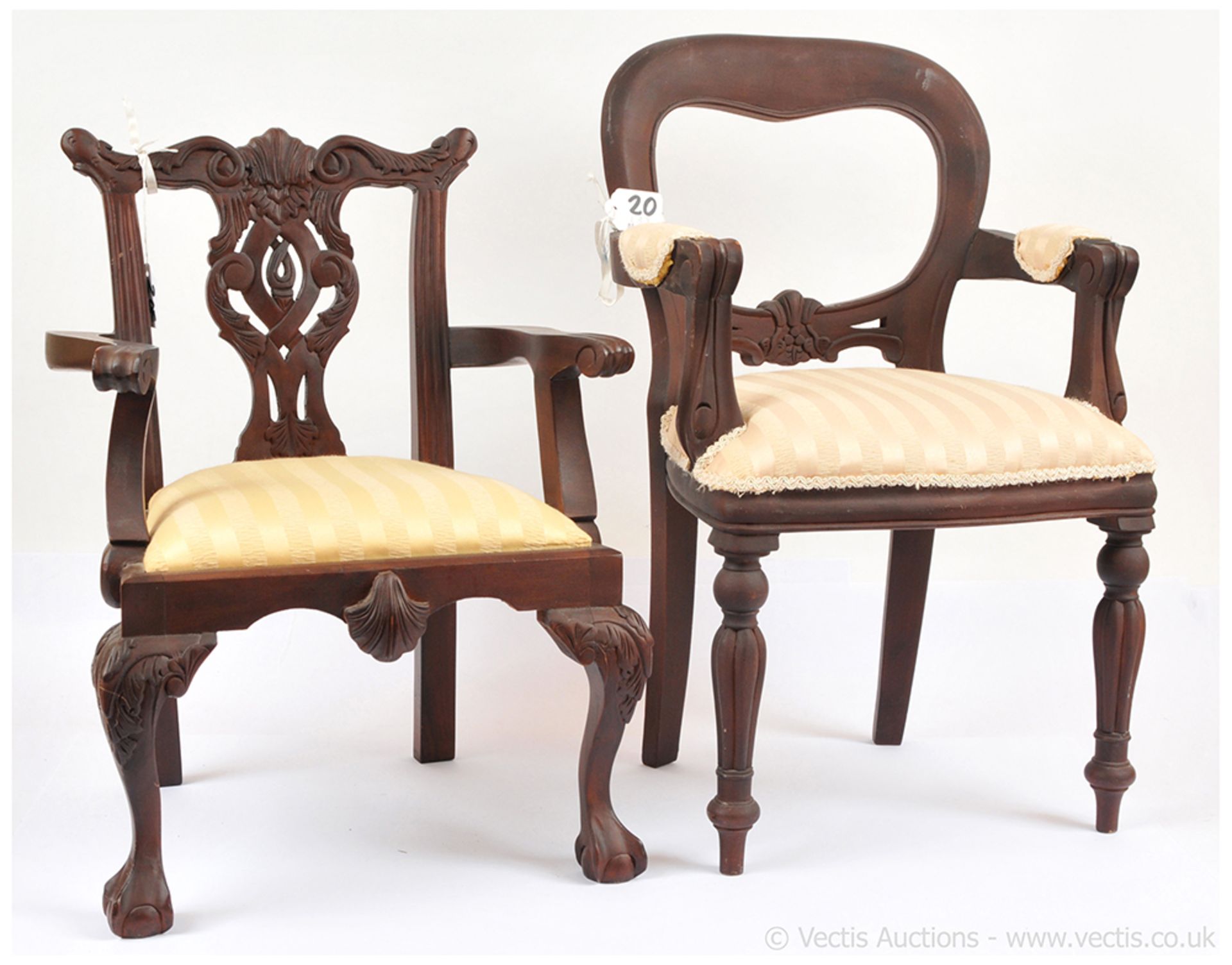 Three wooden upholstered chairs, suitable