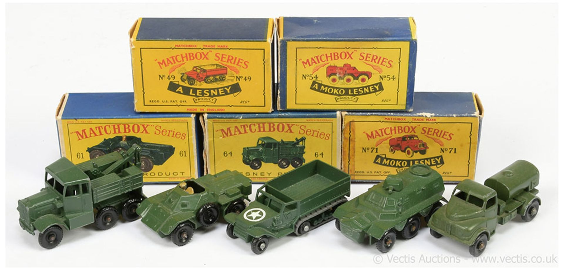 Matchbox Regular Wheels Military Issues a group to include 49a Half-Track M3 (black plastic wheels a