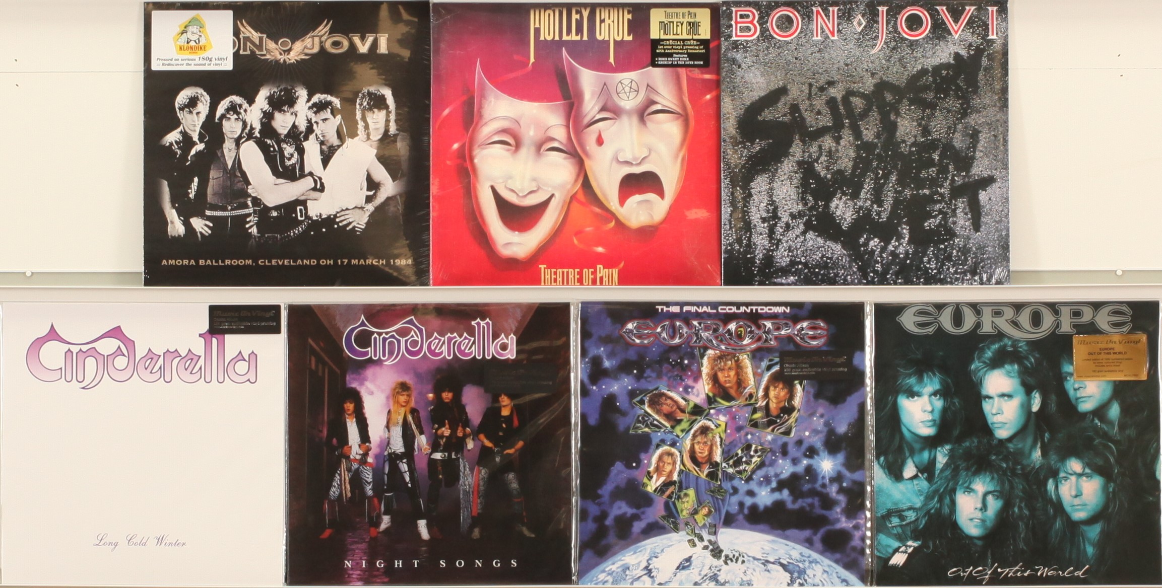 A collection of Recent Issue Glam Rock/Metal LPs to include (1) Bon Jovi - Slippery When Wet (201...