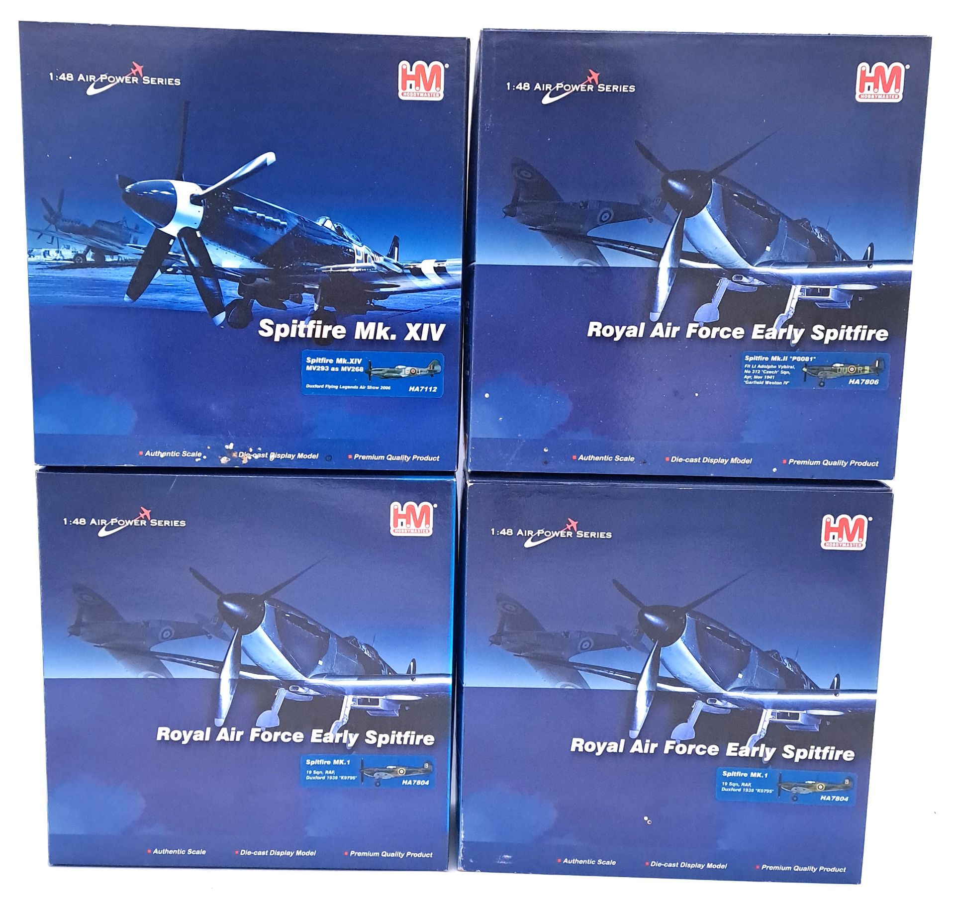 HM Hobby Master, (Air Power Series) a boxed group of 1:48 scale military aircraft "Spitfire" models