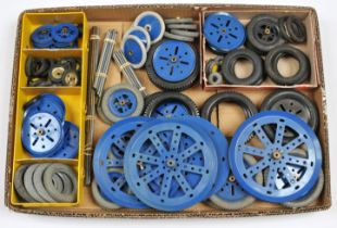 Meccano qty of tyres & wheels / pulleys.