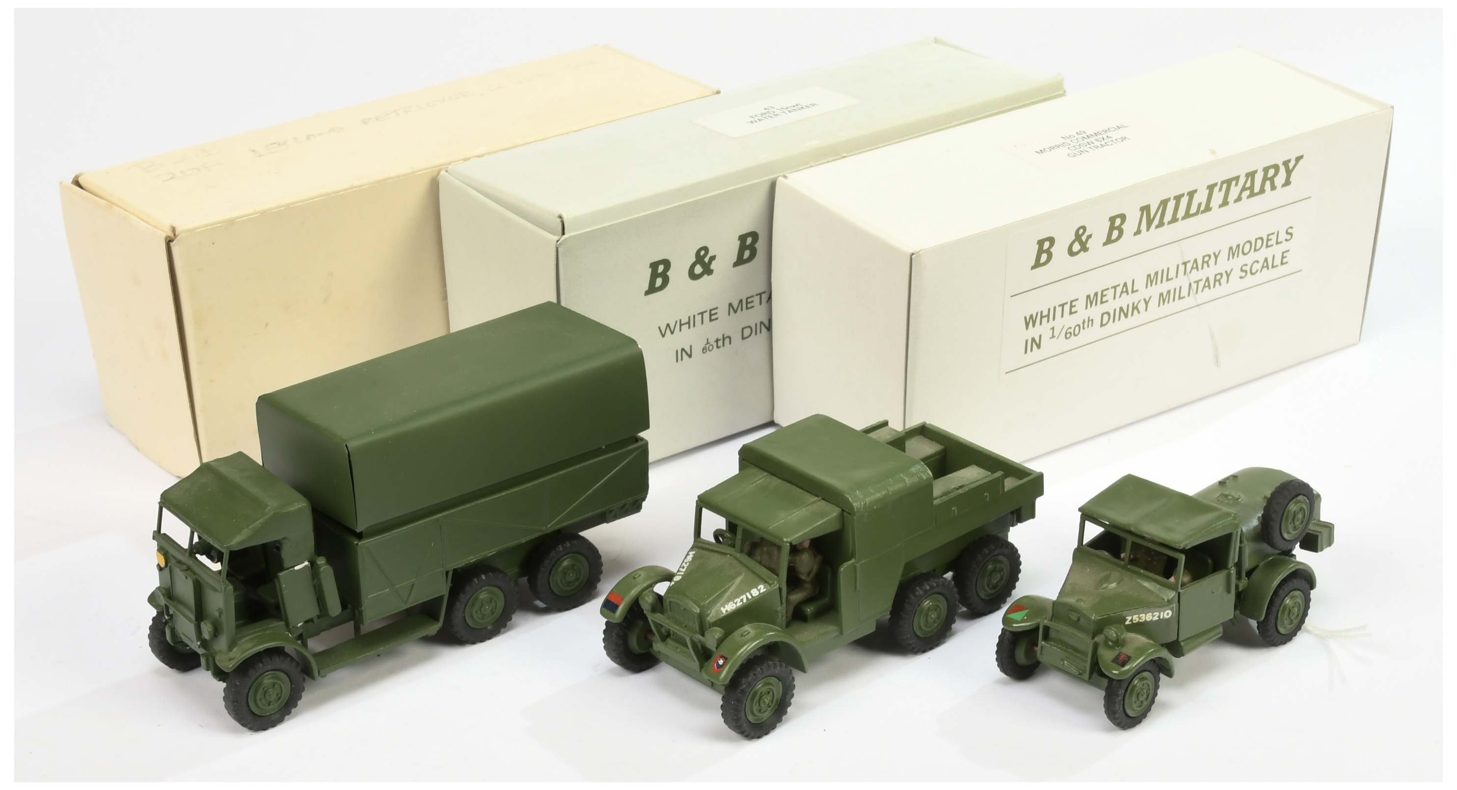 B & B Military  (Barnes & Buller)  1/60th scale Group of 3  (1) Leyland retriever ,  (2) Morris c...