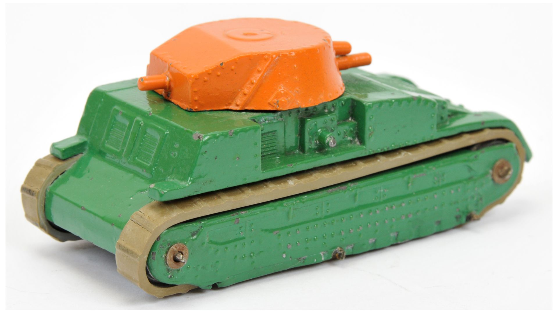 Dinky Pre-war 22F Tank - finished in green body, orange turret, metal rollers  - Image 2 of 2