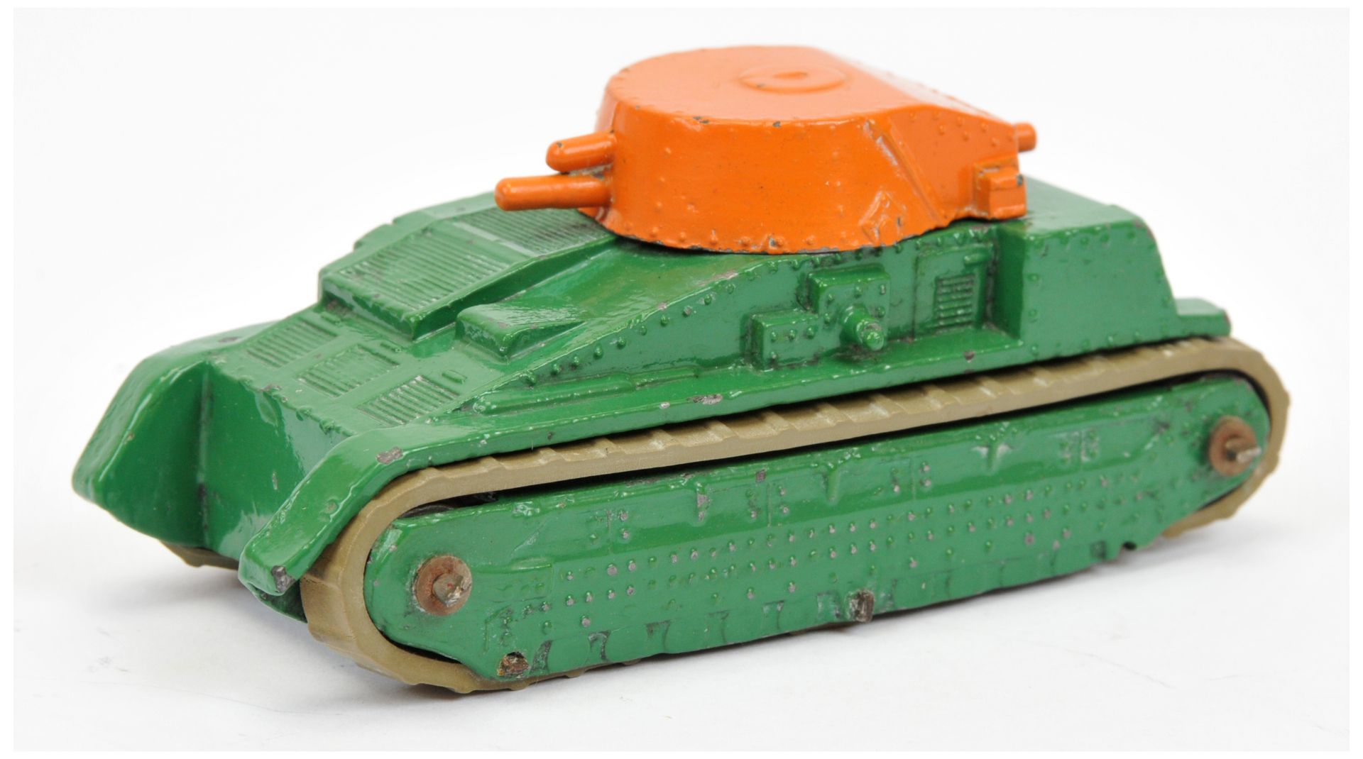 Dinky Pre-war 22F Tank - finished in green body, orange turret, metal rollers 