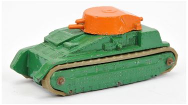 Dinky Pre-war 22F Tank - finished in green body, orange turret, metal rollers