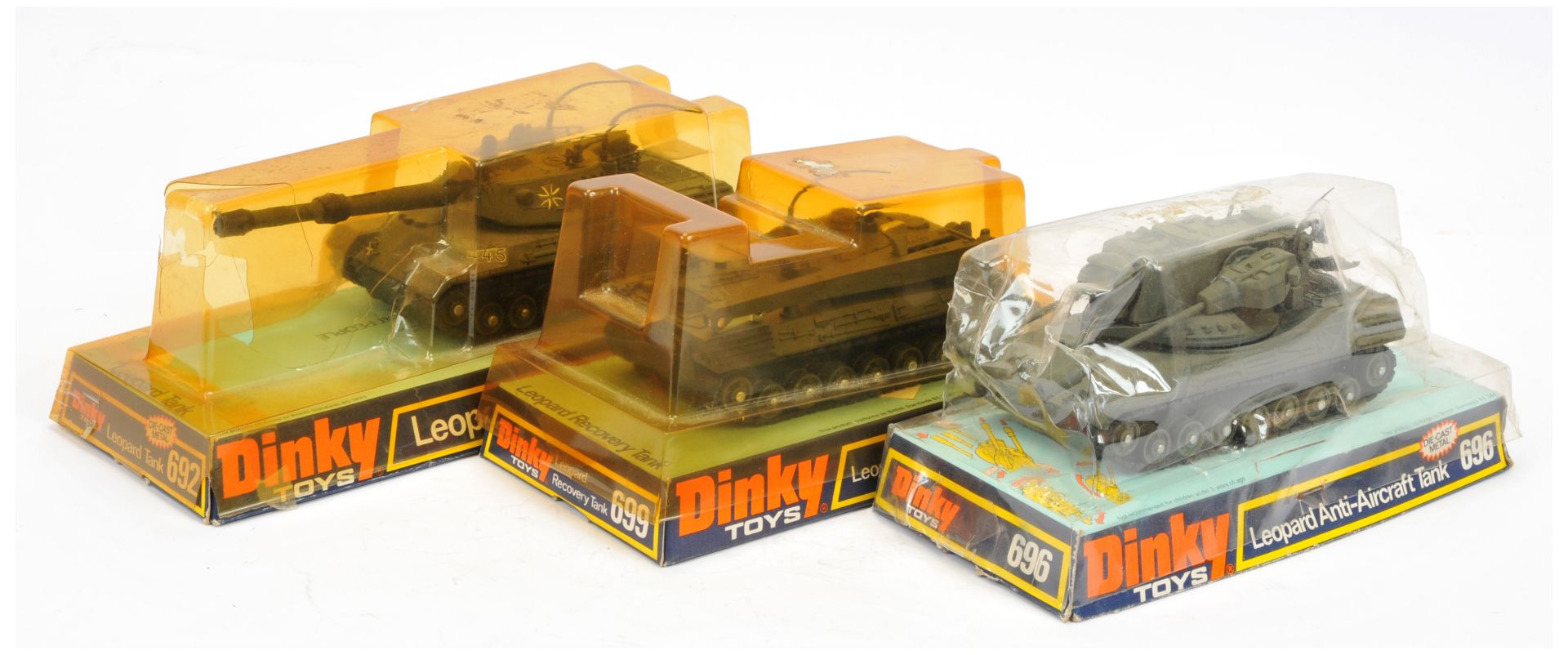 Dinky military group of 3 to include - (1) 692 leopard tank, missiles attached to sprue