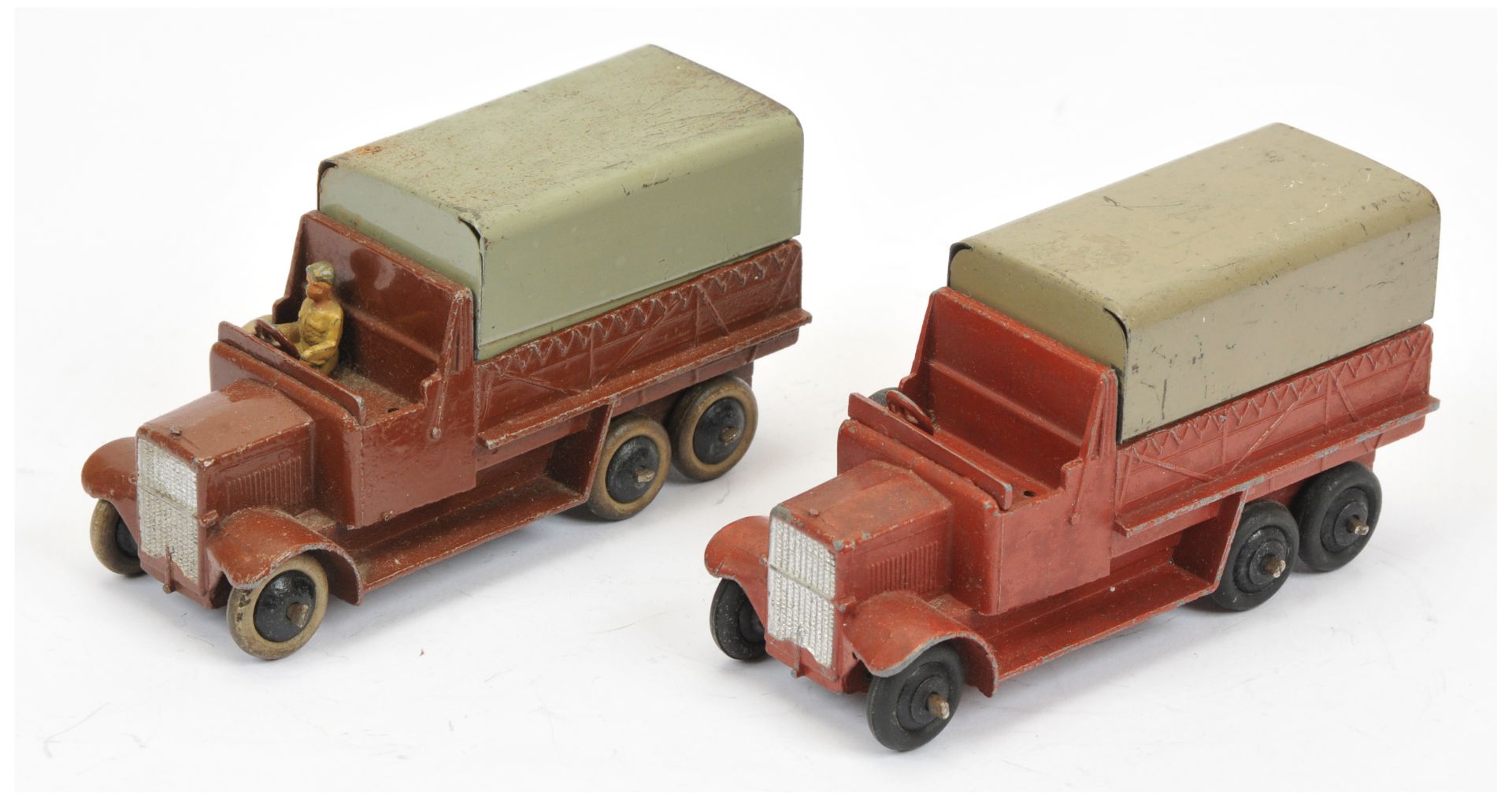 Dinky 25S 6-Wheeled cover wagon a pair (1)brown, grey metal tilt, silver grille