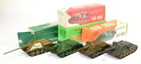 Russain made group of 4 SU100 tanks - (1) green, (2) dark grey, (3) yucky brown and (4) dark brown