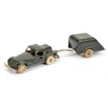 Solido early military clockwork car and trailer - green, bare, chrome hubs with white tyres