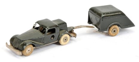 Solido early military clockwork car and trailer - green, bare, chrome hubs with white tyres