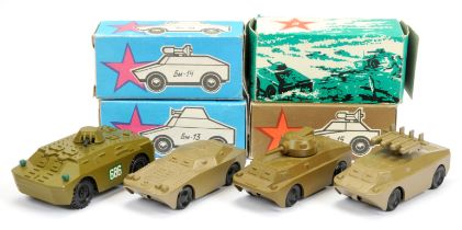 Russain made group of 4 Armoured cars (1/43rd) scale - (1) military green with black guns,
