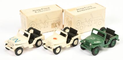 Minimac group of 3 Military Jeeps - (1) green with black seats, (2) off white "Ambulance"