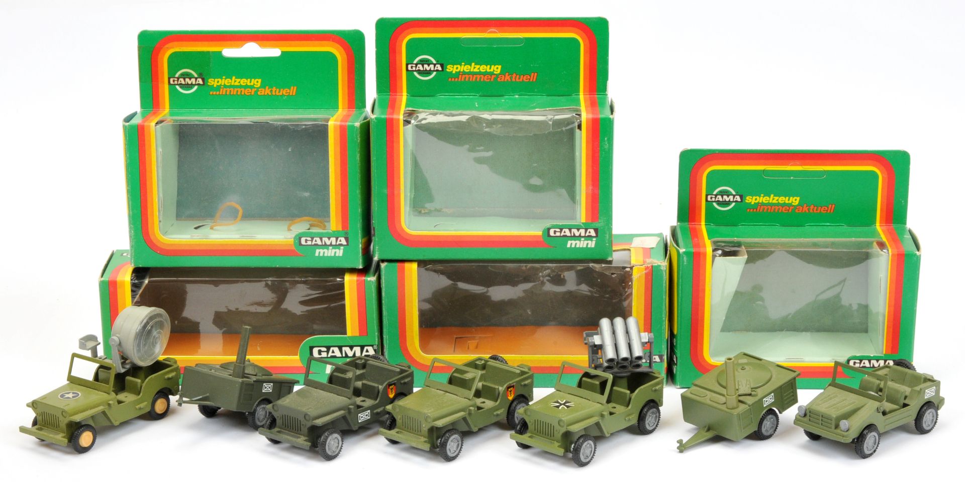 Gama Military Jeeps group of  to include 90397 with trailer 9107 rocket launcher, plus others 