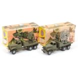 FJ military a pair  - (1)  GMC truck with rocket launcher - drab green with figures , (2) Radar S...