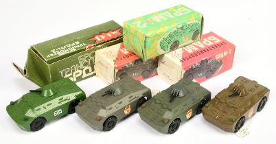 Russain made group of 4 Armoured cars (1/43rd) scale - (1) mid-green, (2) drab green